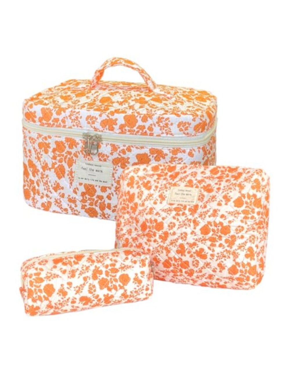 Quilted Cotton Makeup Bag Set 3pc Zipper Floral Toiletry Travel Organizer
